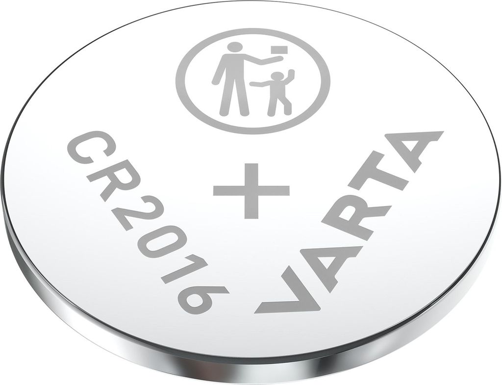 A close-up, studio shot of a VARTA CR2016 lithium coin cell battery.