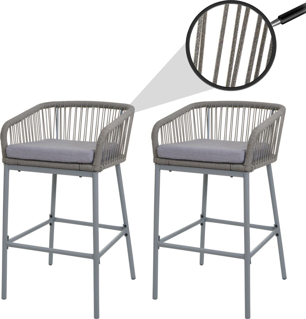 2er-Set Rope-Barhocker MCW-O22, Tresenhocker, Outdoor Sitzpolster Seilgeflecht Metall hellgrau, Kissen hellgrau
