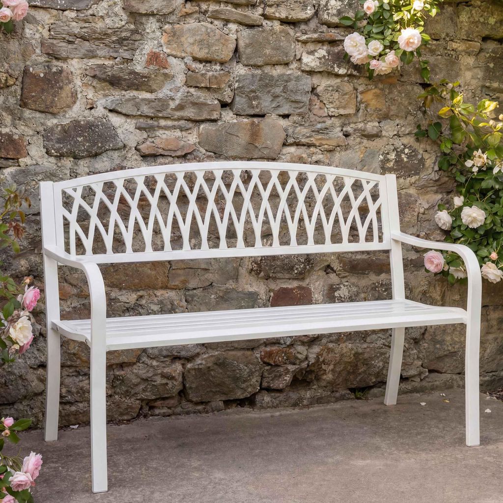 Gartenbank MCW-F45, Bank Parkbank Sitzbank, 2-Sitzer pulverbeschichteter Stahl weiß