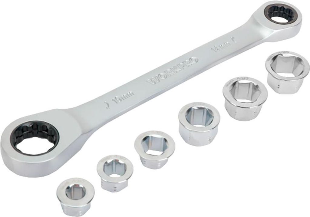 Augenschlüssel Cr-v Doppel mit Ratschenschlüssel, 6 austauschbare Stecknüsse, 14 x 19 mm, 7 Stück