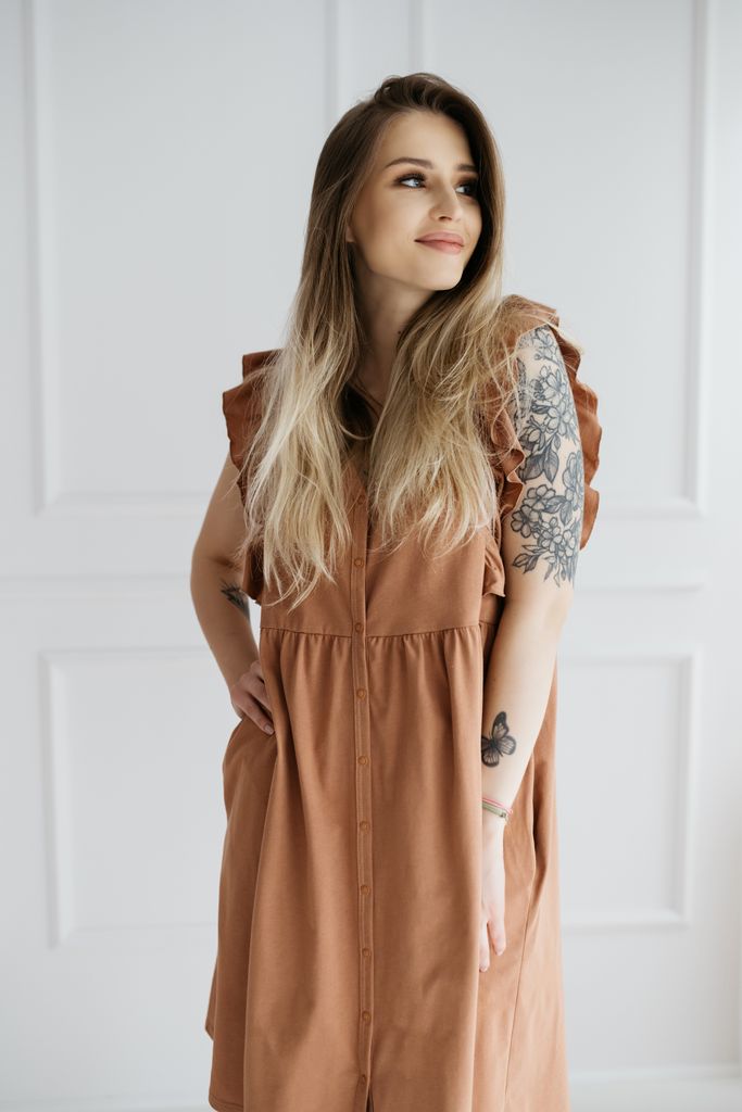 DOLCE SONNO Stillnachthemd – Umstandsnachthemd - Nachthemd für Schwangere und Stillende - 100% Baumwolle – ROMA CARAMEL L