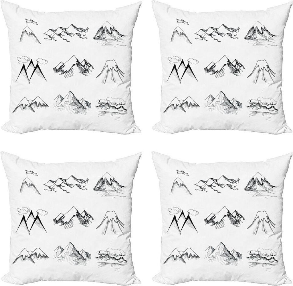 ABAKUHAUS Berg Kissenbezug Set (4 Stück), Snowy-Spitzen-Gekritzel, Moderner Doppelseitiger Digitaldruck, 60 cm x 60 cm, Schwarz-Weiss