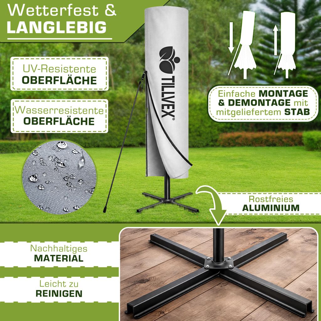 tillvex® Alu Sonnenschirm Rechteckig Ø 330 cm Grau + Produktbild 