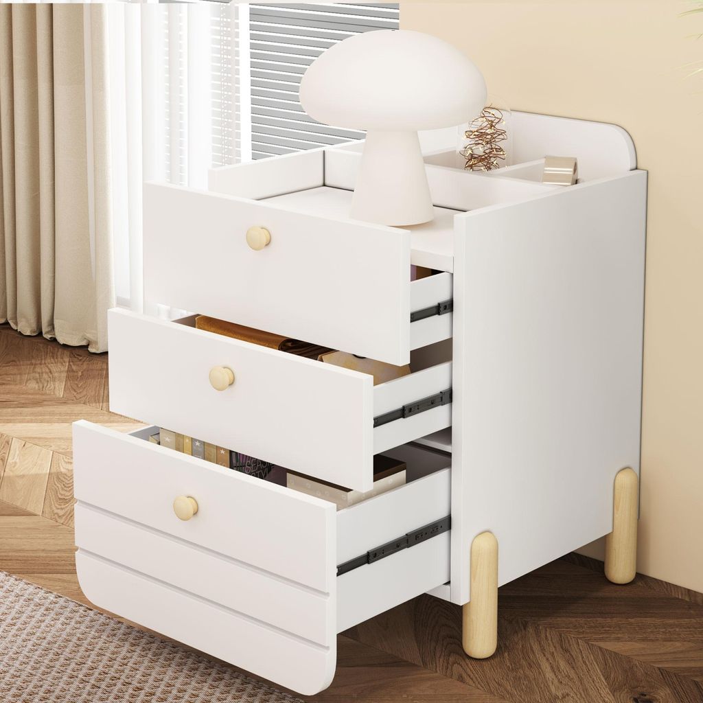 Fortuna Lai Nachttisch mit 3 Schubladen mit Einlegeböden, Geräuschloses Schubladendesign, Exquisite Holzfarbene Füße, Stauraum im Wohn- und Sch...