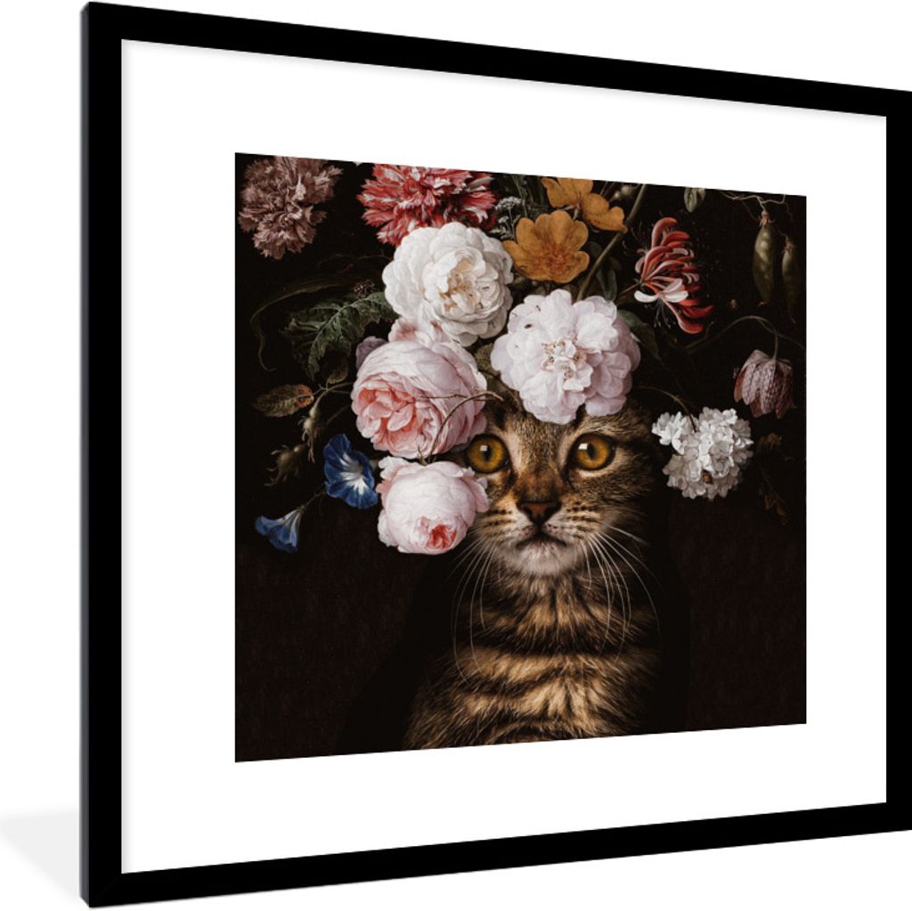 MuchoWow Gerahmtes Poster Katze - Blumen - Haustier 40x40 cm - Poster mit Schwarzem Bilderrahmen Wandposter Rahmen Foto Bilder - Poster - Plakat ...