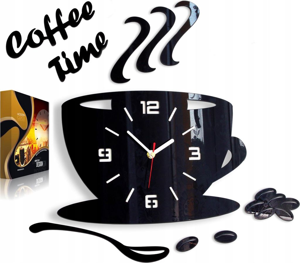 A black acrylic wall clock shaped like a coffee cup with steam rising from it, along with decorative coffee beans and a spoon. The clock has white hour markers and hands. A product box is visible on the left.