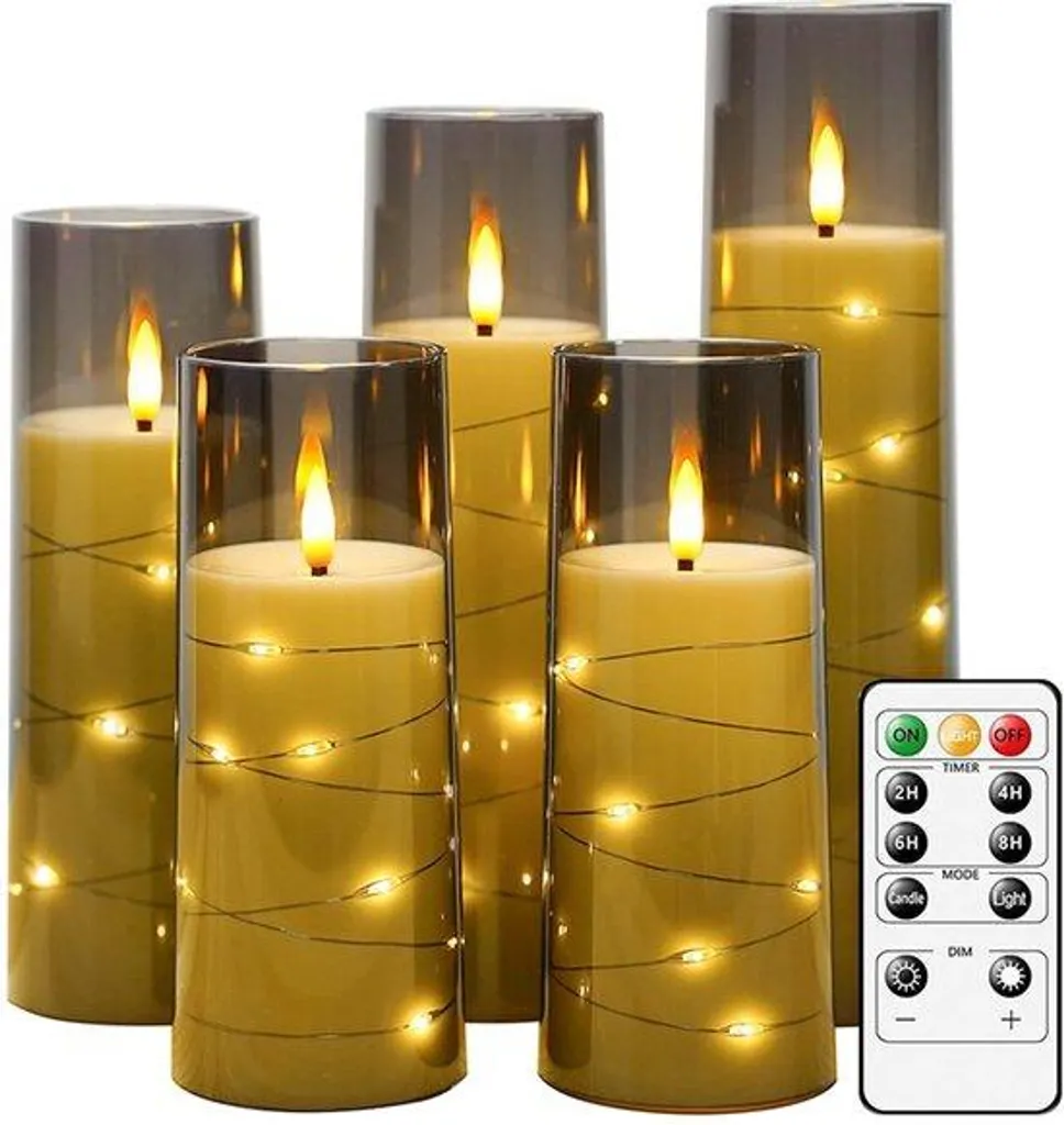 Bougies LED vacillantes à minuterie et guirlande lumineuse - Lot de 5