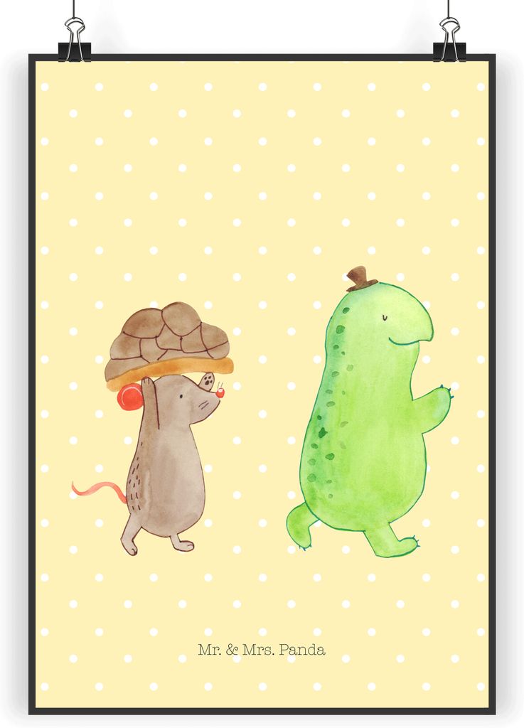 Mr. & Mrs. Panda Bild Schildkröte Maus DIN A5 - Gelb Pastell - Geschenk, Wandbild, Kunstdruck, drucke, Freunde, wanddeko, Plakat