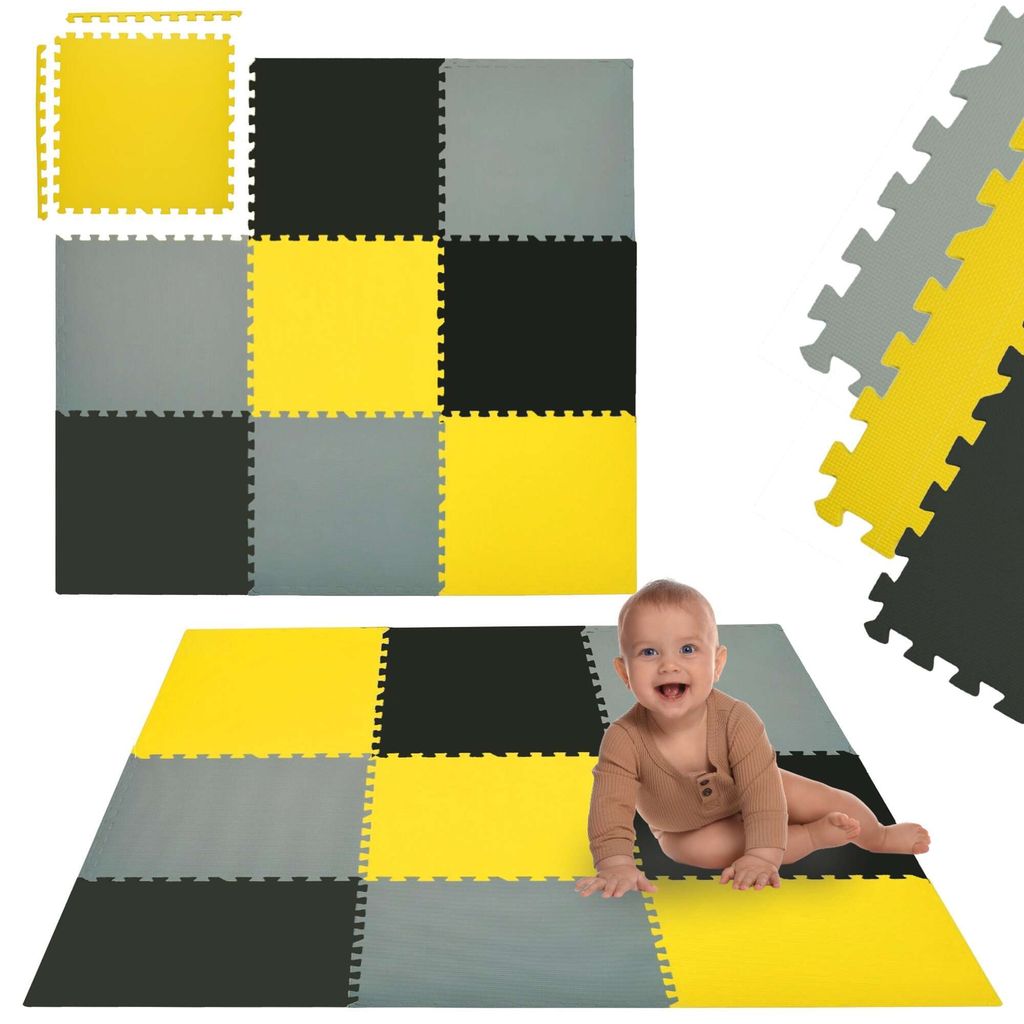 Humbi Schaumstoff-Puzzlematte Eva für Babys und Kinder Spielmatte Fitnessmatte Schutzmatte Poolmatte Bodenschutz 60 x 60 x 1 cm, 9 Stück gelb, gr...
