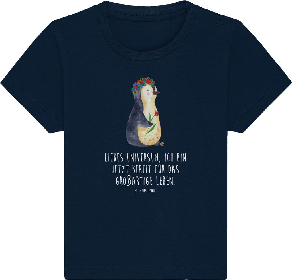 Mr. & Mrs. Panda T-Shirt Pinguin Blumen 12. - 18. Monat - French Navy - Geschenk, Positiv, Leben, Öko Baby, Kleinkind, Pinguine, Shirt, Motivation...