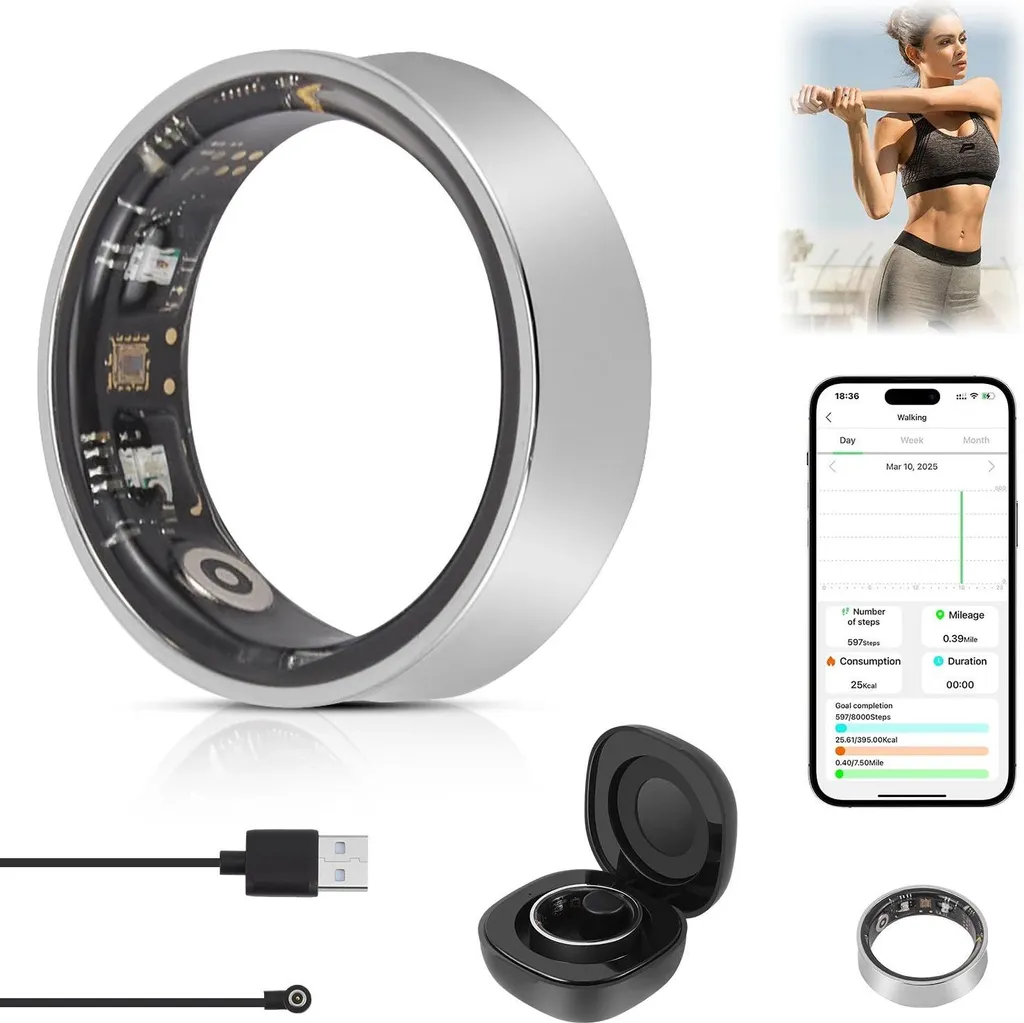 Bague connectée santé en argent pour suivi cardiaque et sommeil iOS