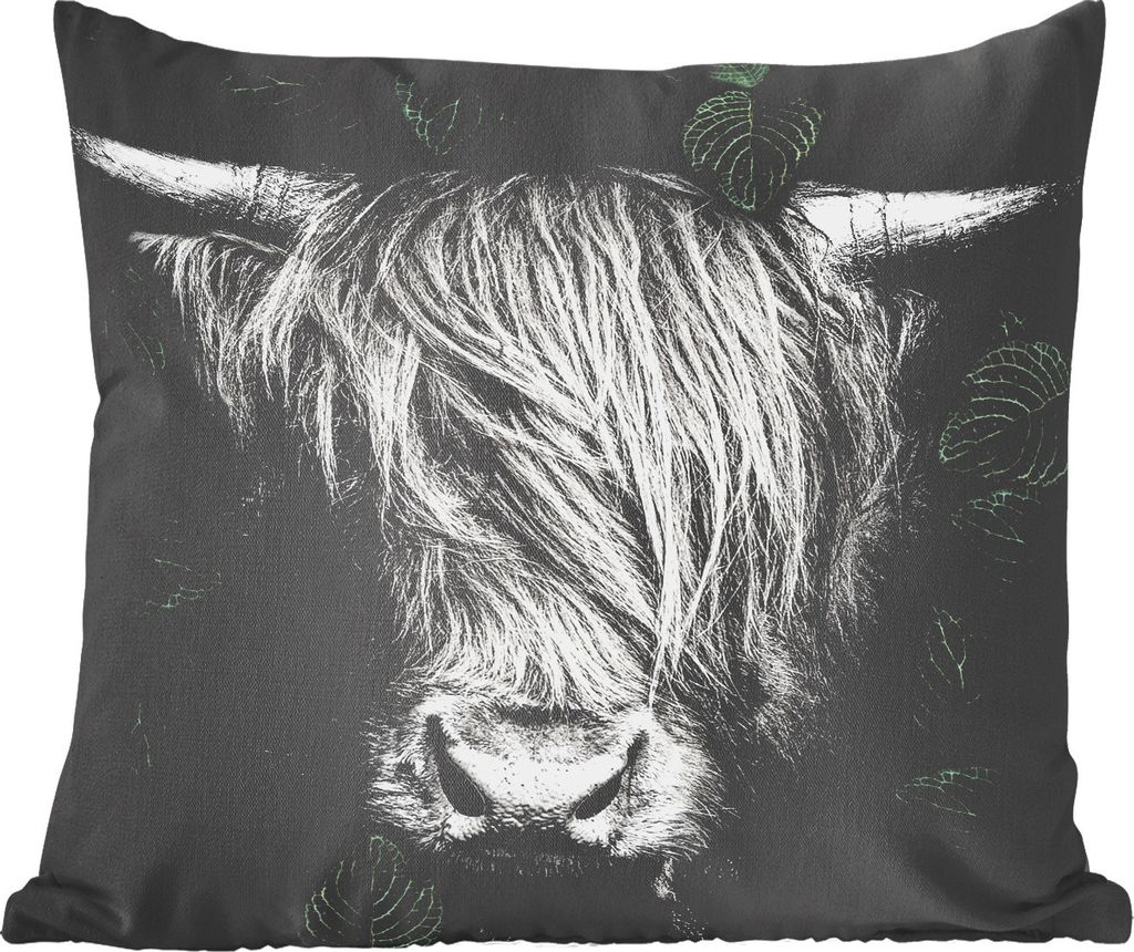 MuchoWow Zierkissen Sofakissen Wohnzimmer Dekokissen 45x45 cm Scottish Hochlandrind - Blätter - Schwarz - Weiß - Schlafpolster - Polster für d...