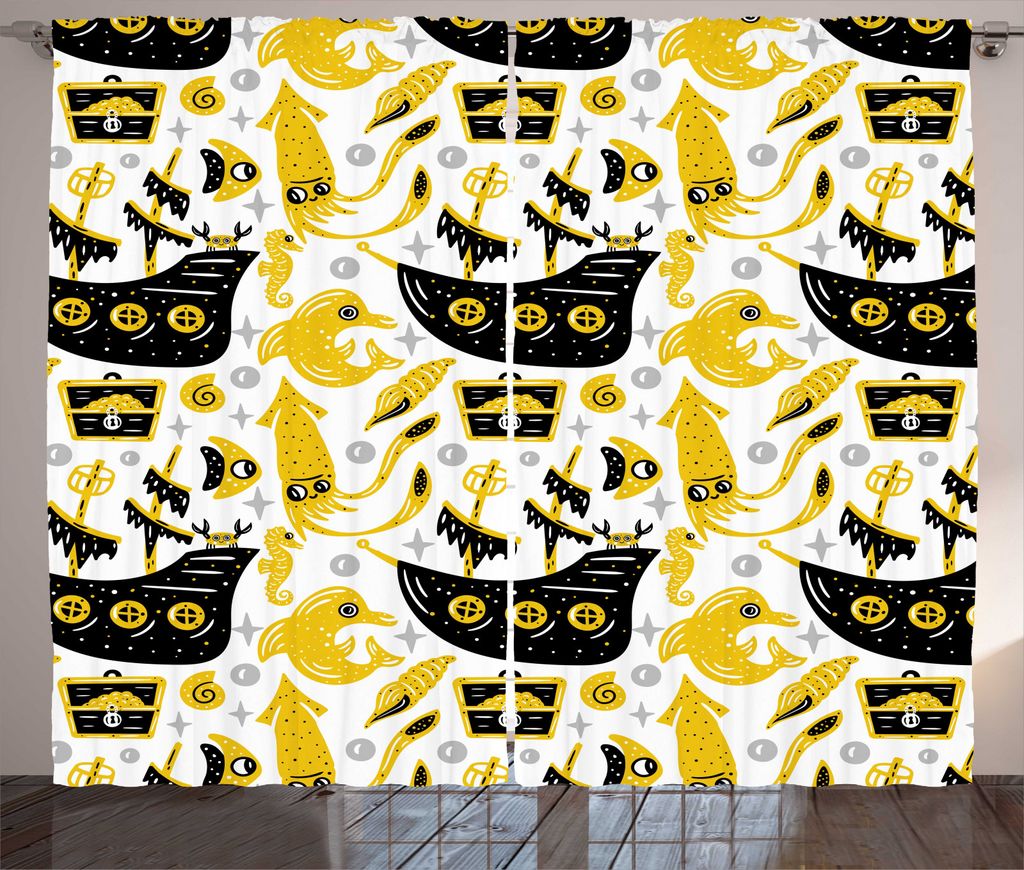 ABAKUHAUS Pirat Rustikaler Vorhang, Nursery Sea Adventure Doodle, Wohnzimmer Universalband Gardinen mit Schlaufen und Haken, 280 x 225 cm, Erde Gel...