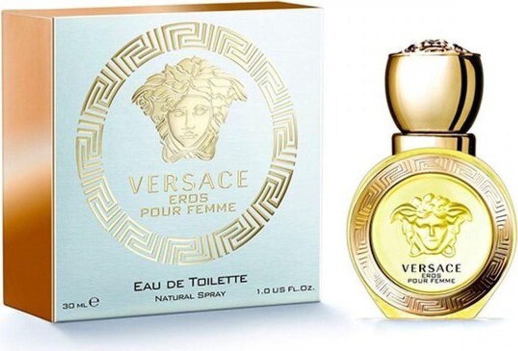 A product shot of a Versace Eros Pour Femme Eau de Toilette bottle and its packaging, presented on a white background.