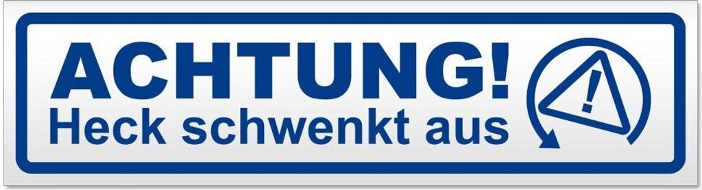 Kiwistar - Autoaufkleber - Verkehrsblau - 60 x 16 cm - Achtung Heck schwenkt aus - Hinweis Aufkleber Sticker für Auto, Kfz, Fahrrad, PKW, LKW