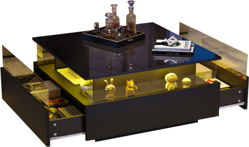 Kaffeetisch 70x70x41 cm Schwarz quadratisch 2 Schubladen transparentem Praesentationsbereich belastbar Wohnzimmertisch Hochglanz-LED