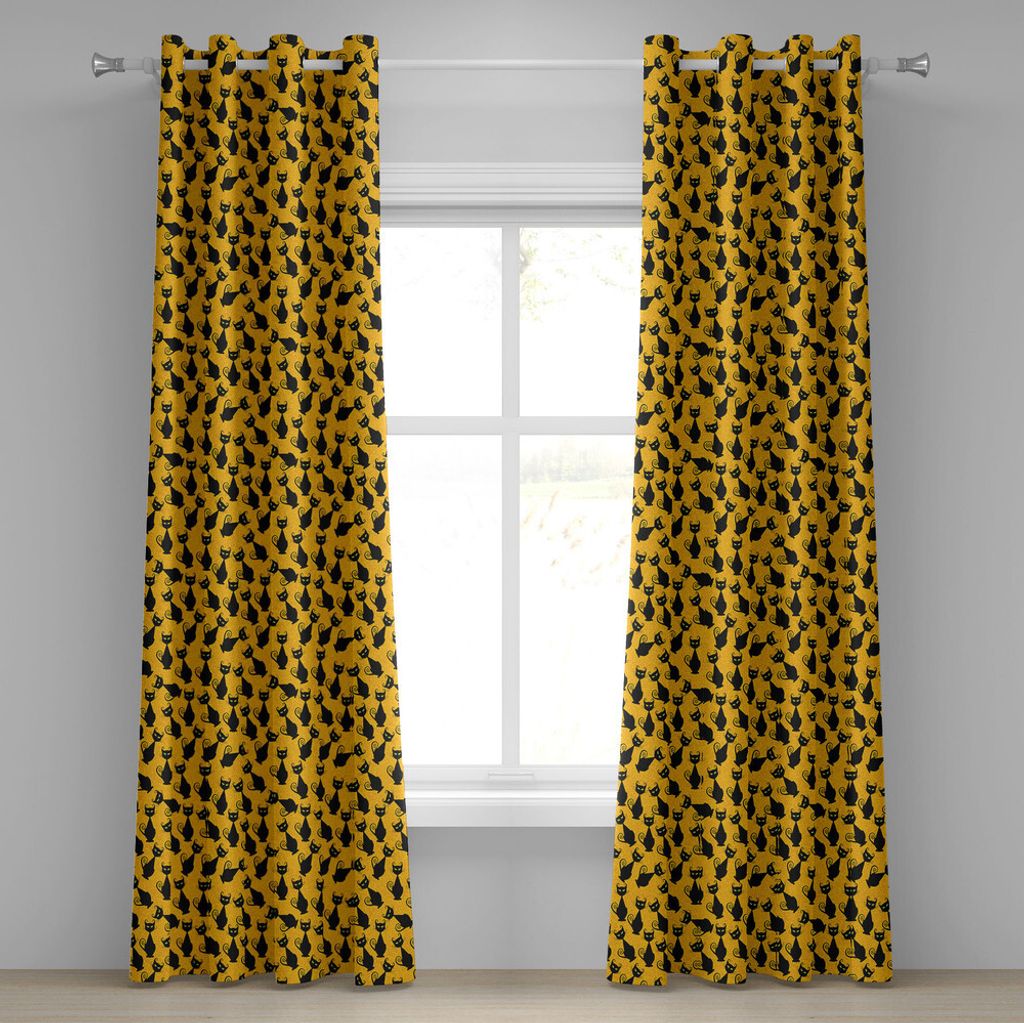 ABAKUHAUS Jahrgang Ösenvorhang, Schwarzes Katzen-Muster für Halloween auf orange Hintergrund-Feier-Grafik-Mustern, Dekorative 2-Panel-Fenstervorh...