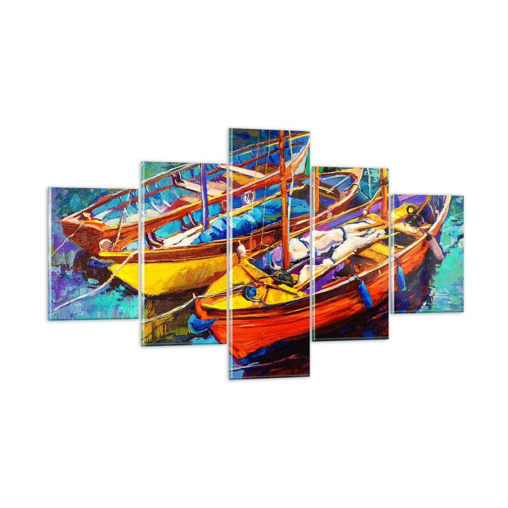 Bilder auf glas - Boote Bunt Angeln Wasser - 125x70cm - Glasbilder - Wandbilder - Kunstdruck - zum Aufhängen bereit - Wanddekoration aus Glas - Gl...