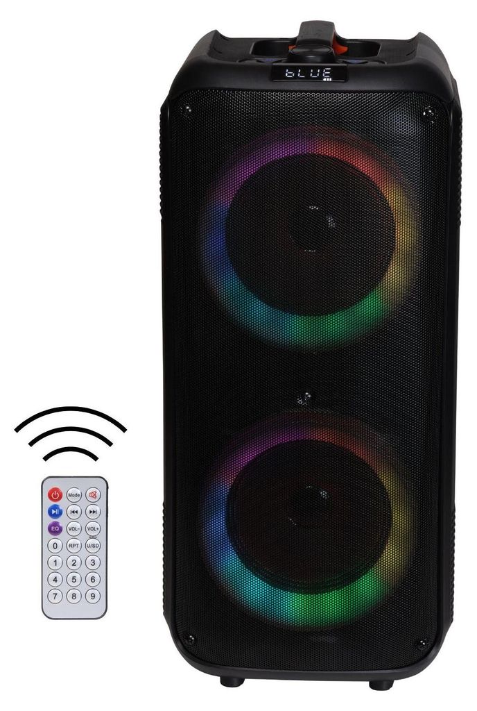 A black party sound system with colorful LED lights and a remote control.