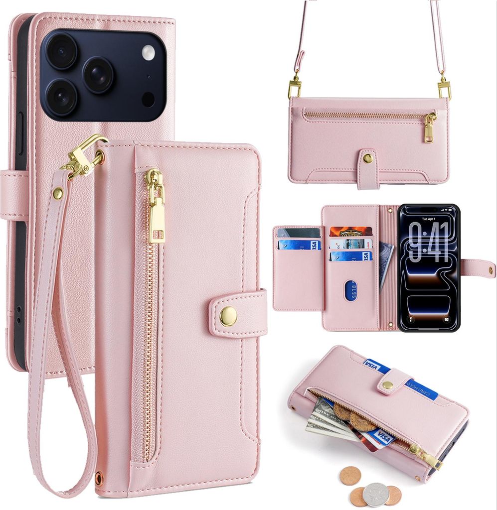 Handykette für iPhone 17 Pro Max Hülle mit Band Handyhülle Kartenfächer Kunstleder Umhängetasche in Rosa