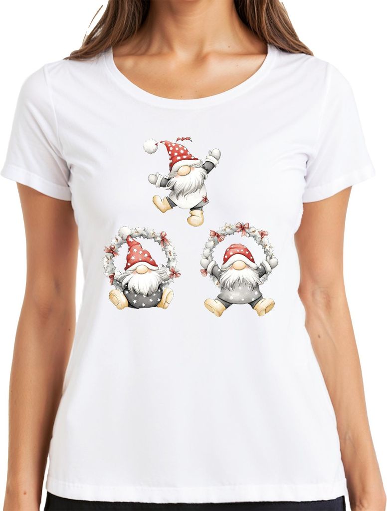 Weihnachtswichtel Kranz Skandinavisch Niedlich Aquarell Geschenk Damen T-Shirt, Weiß, XL
