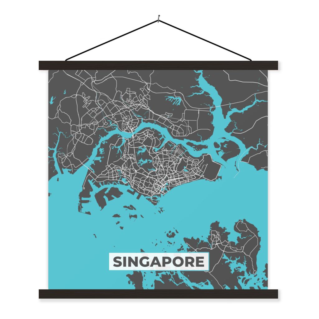 MuchoWow Textilposter Singapur - Karte - Blau - Stadtplan 40x40 cm mit schwarzem Rahmen - Fotos