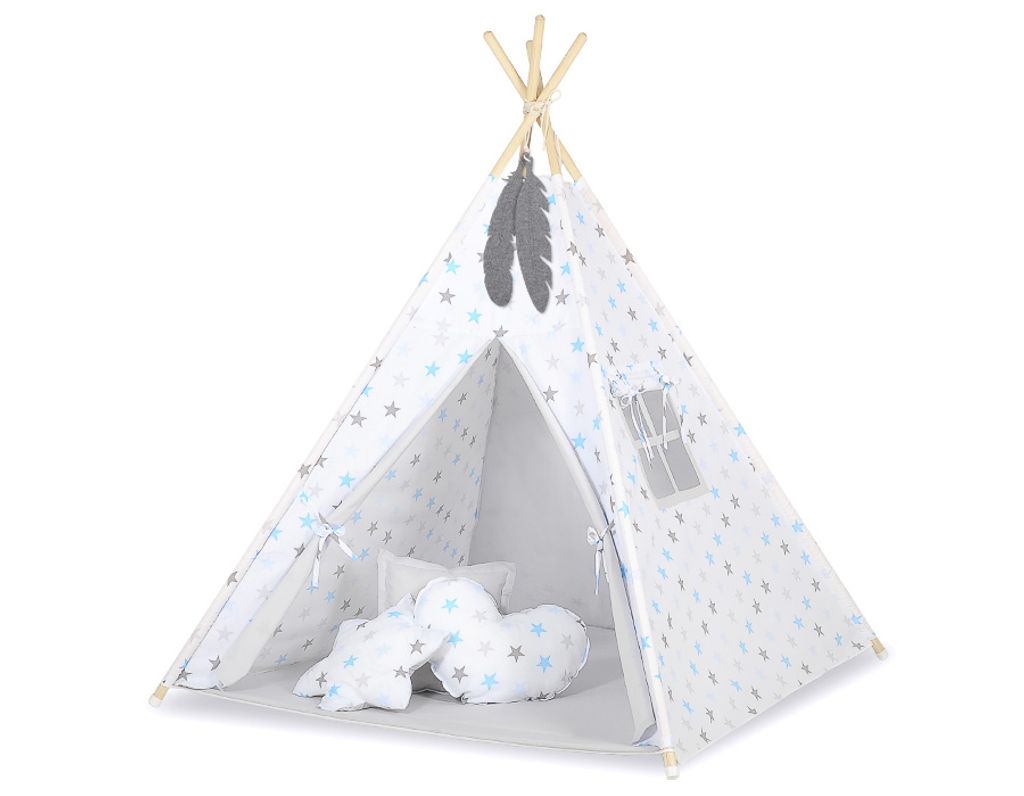Tipi Zelt für Kinder grau mit Kissen und Teppich
