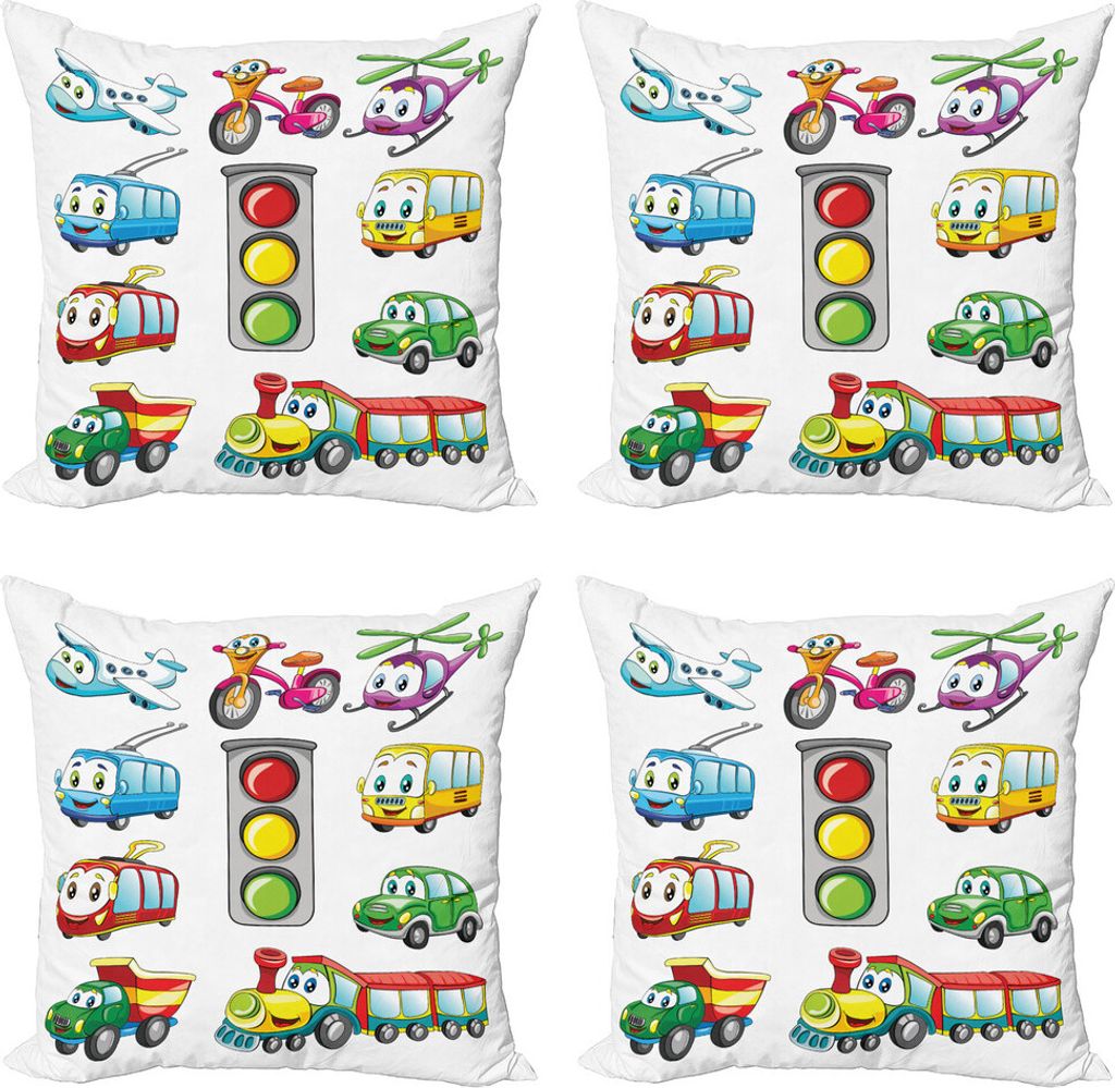 ABAKUHAUS Kindergarten Kissenbezug Set (4 Stück), Fröhlich Transport, Moderner Doppelseitiger Digitaldruck, 60 cm x 60 cm, Mehrfarbig
