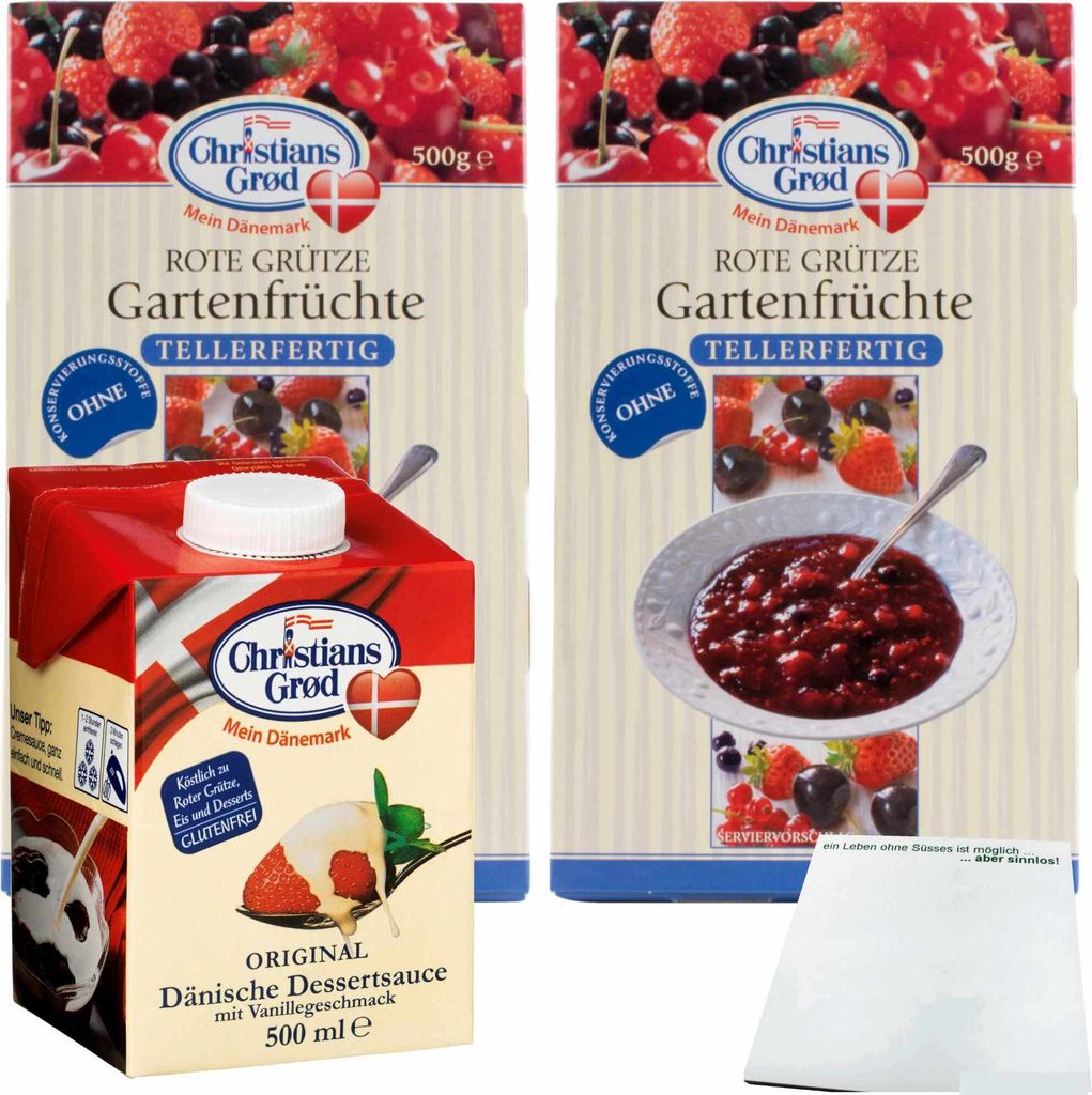 Chr.Grod Grütze Gartenfrüchte (2x500g Packung) & Dessert-Sauce mit Vanillegeschmack (1x500ml) + usy Block