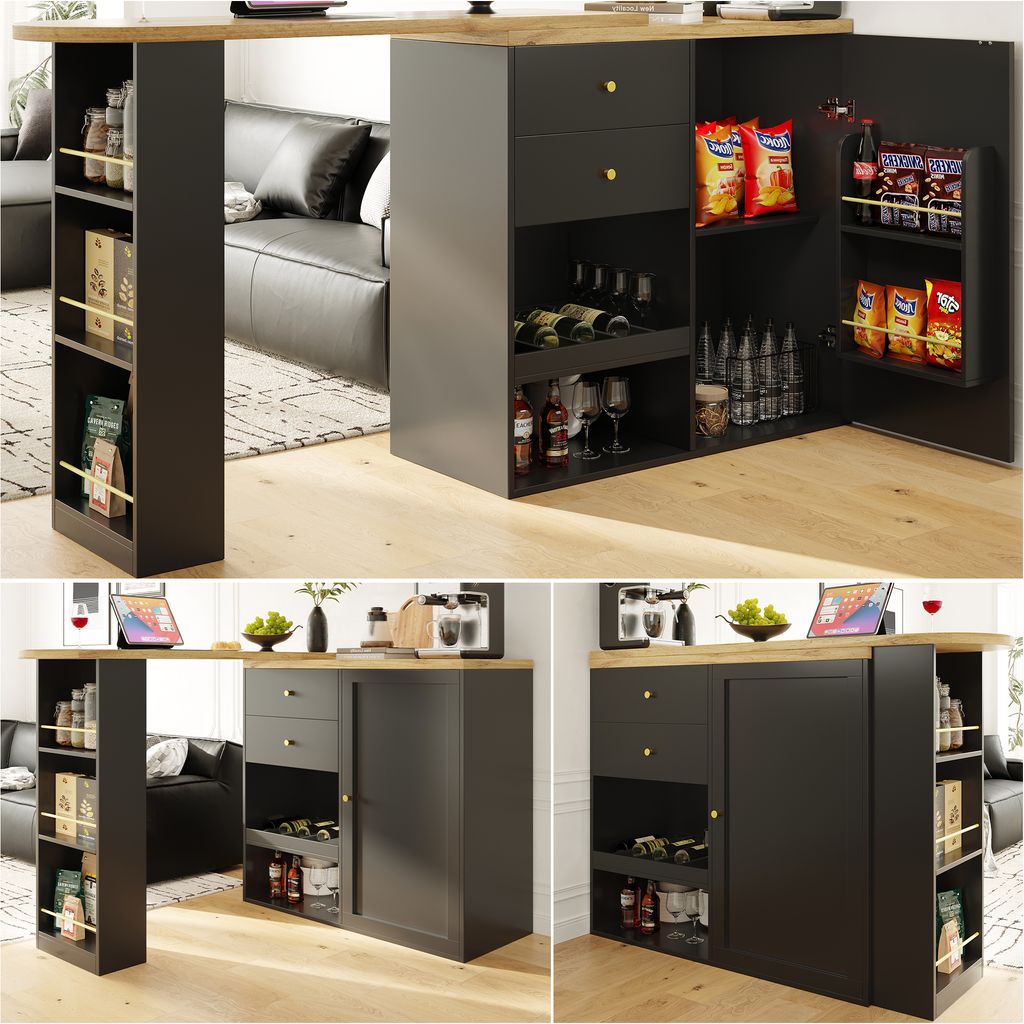 A collage of images showing a black bar cabinet with a wood-tone countertop, featuring shelves, drawers, and a wine rack. The cabinet is shown in different configurations, including with its door open and closed, and in relation to a living room setting.