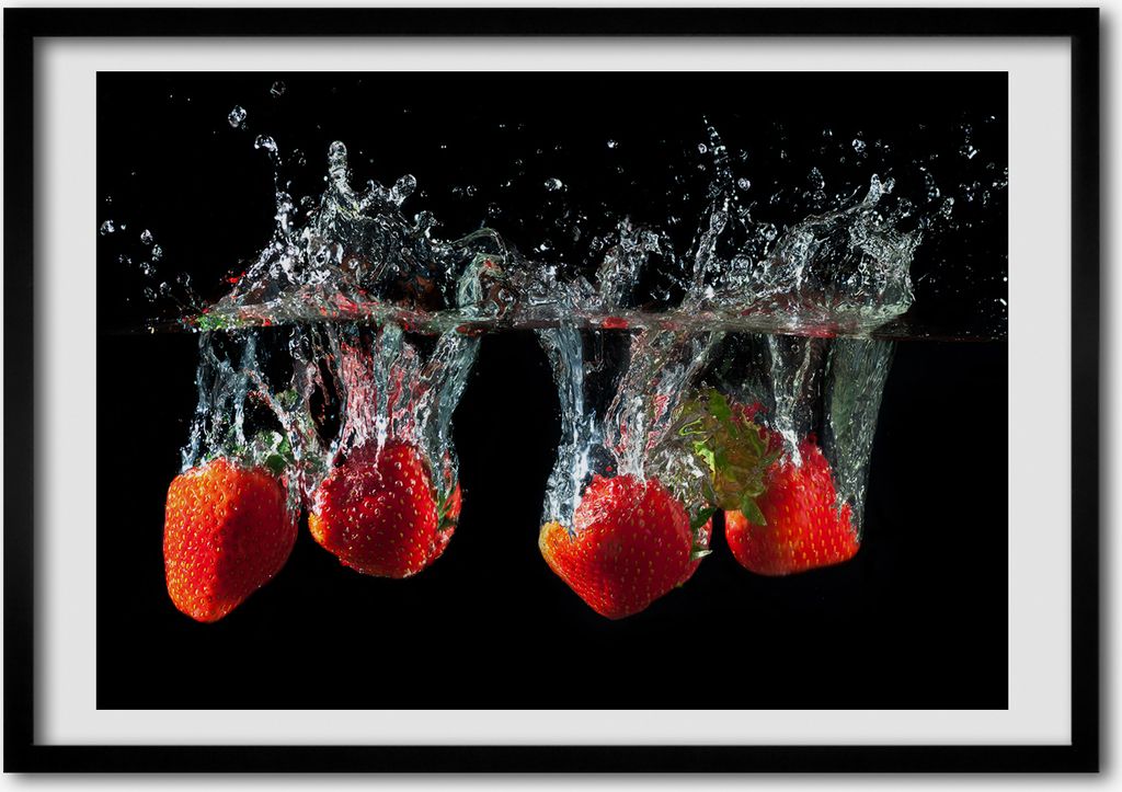 Bild - Bilderrahmen - 100 cm x 70 cm - MDF - Rahmen - Foto - Wandkunst Erdbeeren unter Wasser