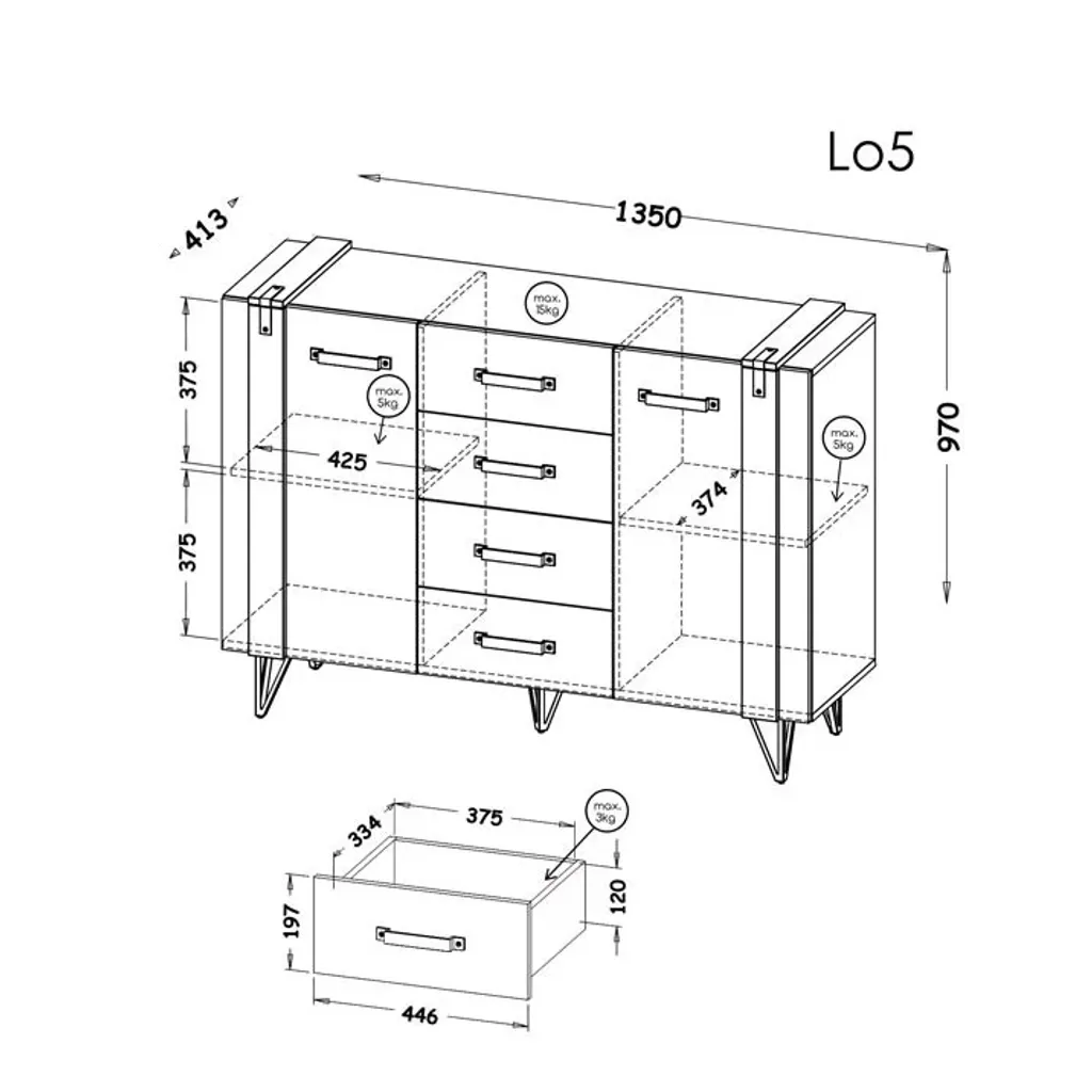 Commode Robuste 135 cm MILENIUM 5 : Finition Béton et Chêne Wotan - 4