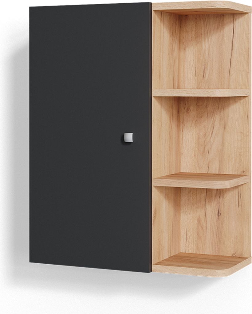 A wall-mounted cabinet with a dark gray door and open wooden shelves.