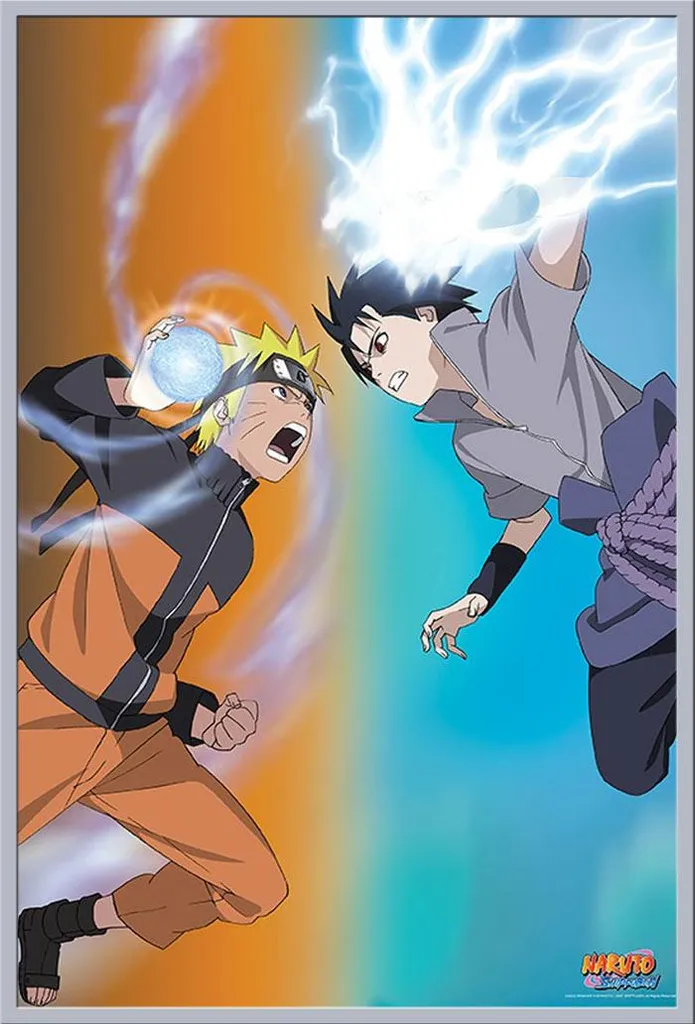 Cadre Shinsuke Argenté et Affiche Naruto vs Sasuke en Vitre Acrylique