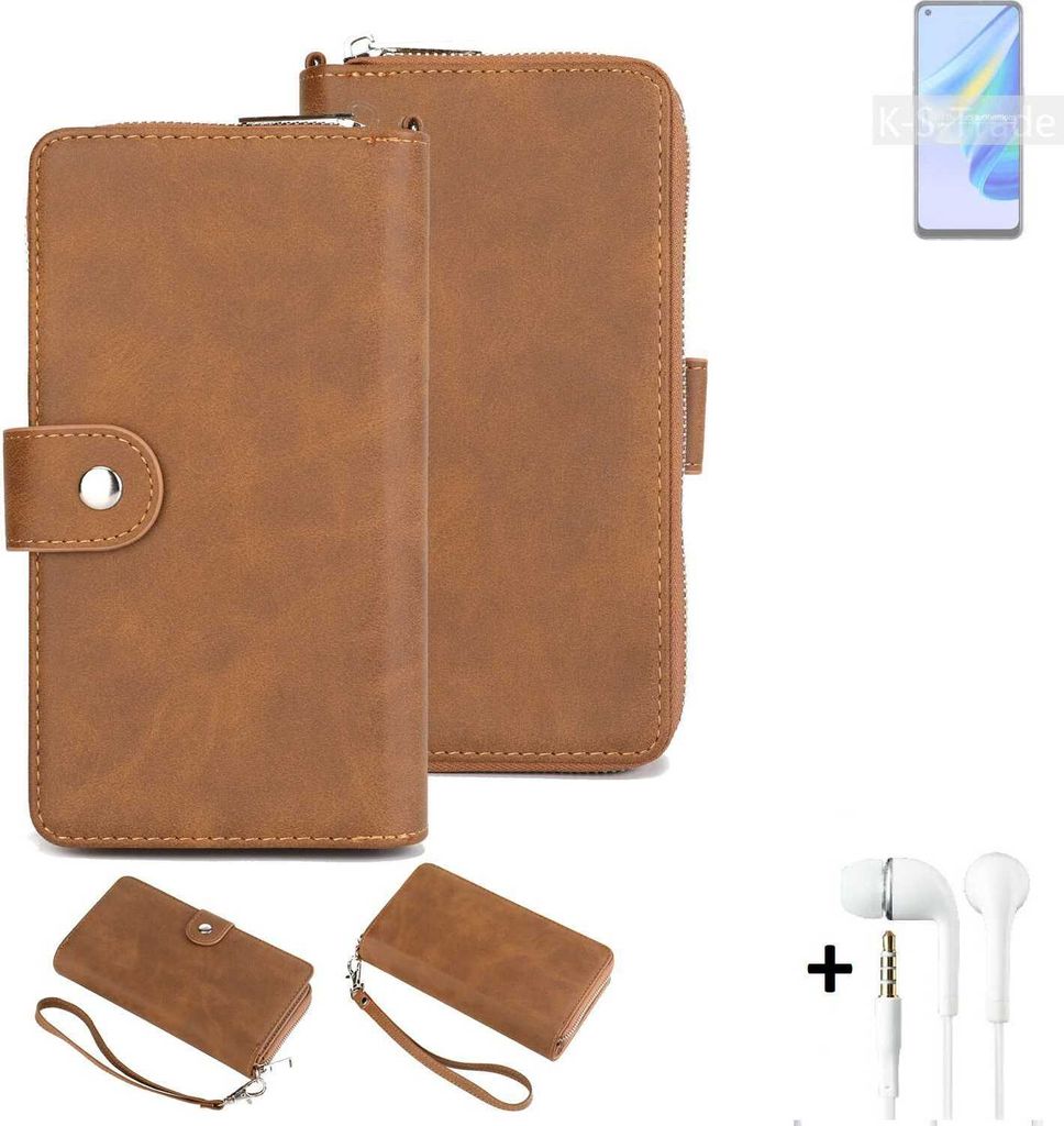 K-S-Trade Handy Schutz Hülle kompatibel mit Oppo Reno6 Lite + Kopfhörer Portemonnee Tasche Wallet-Case Bookstyle-Etui braun (1x)