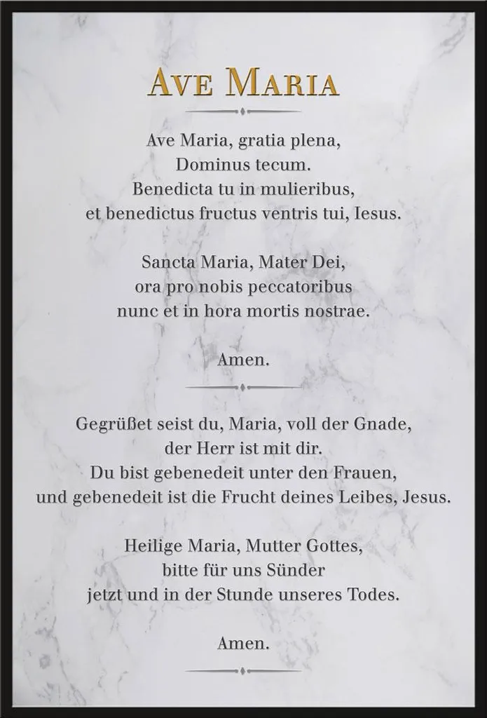 Affiche Ave Maria Marbre Blanc Latin Allemand Shinsuke® Cadre Noir Maxi