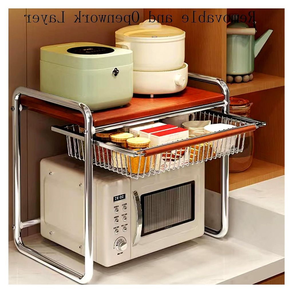 Mikrowellenregal, 2-stufiges Regal für die Arbeitsplatte, Küchenregal aus Stahl mit Ausziehkorb, 20 kg Traglast, stabiles Regal für Backofen/Kaf...