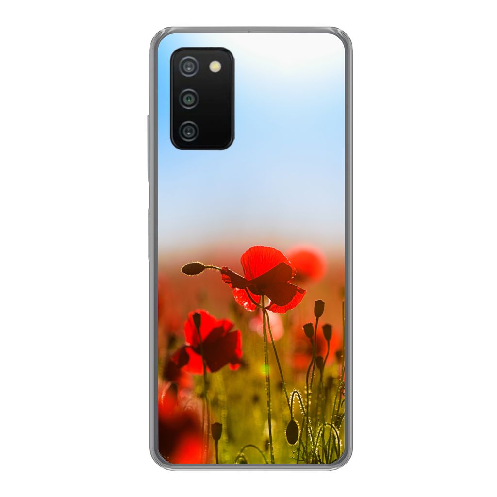 MuchoWow Handyhülle Schutzhülle Hülle für Samsung Galaxy A03s Mohnblumen unter einem klaren blauen Himmel. Silikon Softcase Handy Hülle - Sc...