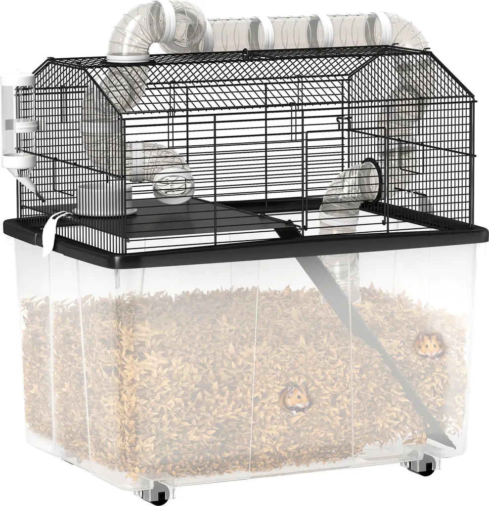 Habitat pour hamster à étages avec accessoires et tunnel de jeu 58x43x57cm