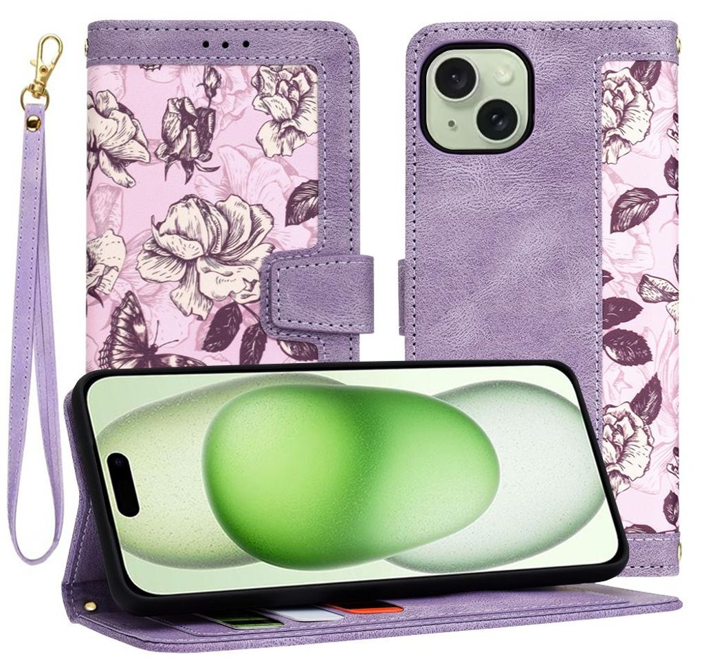 Techsuit FlipCraft Book Wallet Klapphülle mit Kabel für Apple iPhone 15 Plus - Mysterious Purple