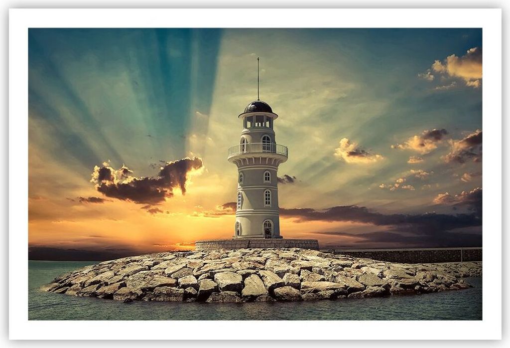 Poster - Poster ohne Rahmen - Leuchtturm Wasser Meer Steine - 91,5x61 cm - Wand Bild - Wanddeko - Wandbilder - Kunstposter - Wandposter - Bilder - ...