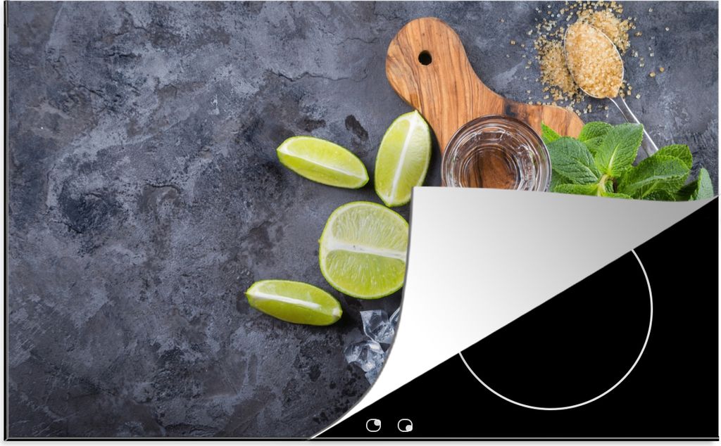 KitchenYeah Herdabdeckplatte Schneidebrett - Glas - Obst - Zitrone , 85x52cm, Küche Deko, Glaskeramikfeld Herdabdeckung, Abdeckplatte fùr Kochfeld