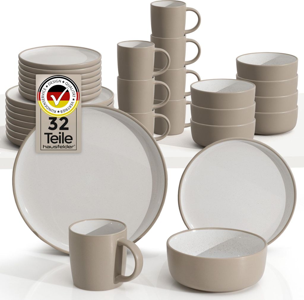 Steingut Geschirrset 8 Personen, Tafelservice 32teilig, Nordic Sand