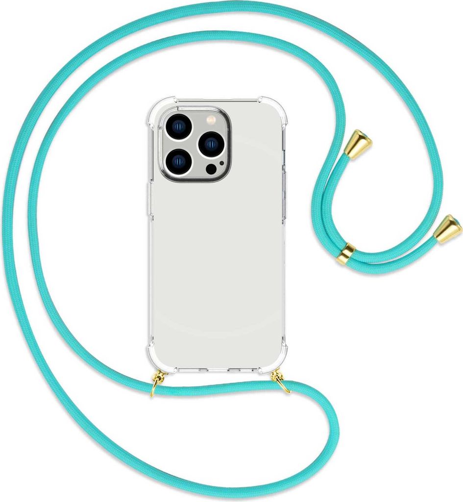 Handykette Backcover-Schutzhülle mit Band (Metall goldfarben) für Apple iPhone 14 Pro (6.1'') - türkis