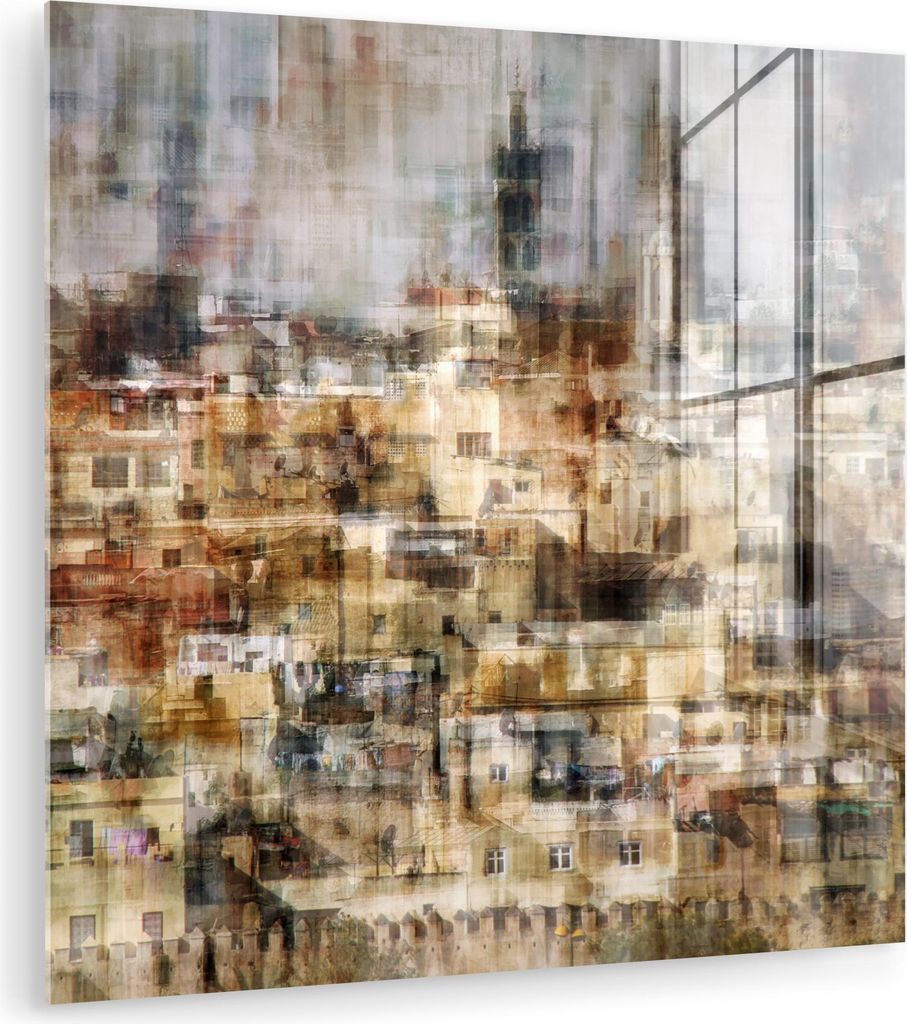 MuchoWow Glasbilder - Bilder auf Wandbild - Foto auf Glas Stadt - Kunst - Häuser - Beige 50x50 cm Wanddekoration aus Glas - Acrylglasbild - Acrylb...