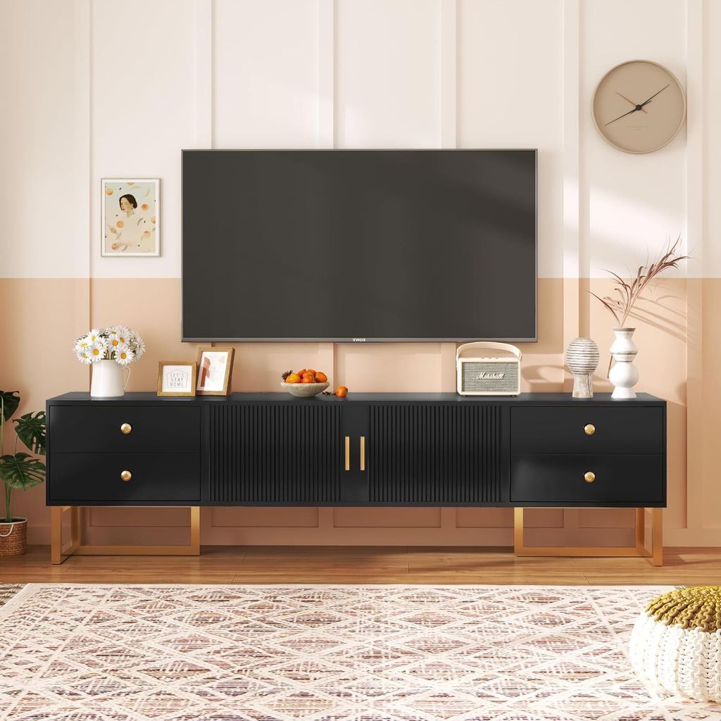 Fortuna Lai TV-Lowboard für 70-79-Zoll-Fernseher, Niedriges Paneel mit Strukturierter Tür, MDF TV-Schrank, 2 Schließfächer und 4 Schubladen, Mo...
