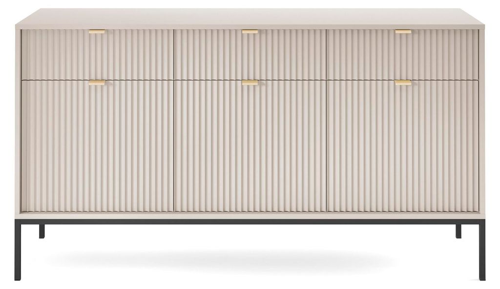 Möbae Lumina KSZ154 Kommode Beige 154 cm – Sideboard modern, 3 Schubladen, 3 Türen, viel Stauraum, schwarze Beine