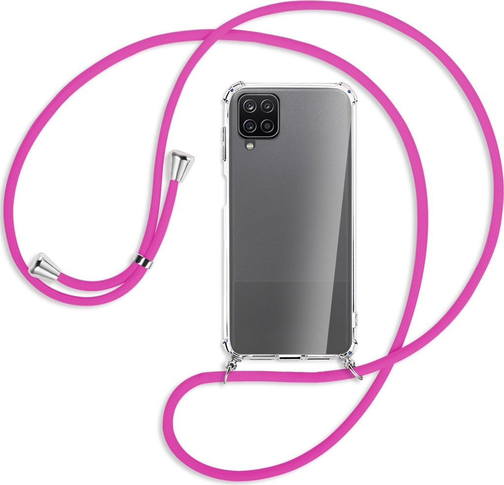 Handykette Backcover-Schutzhülle mit Band (Metall silberfarben) für Samsung Galaxy A12 - hot pink