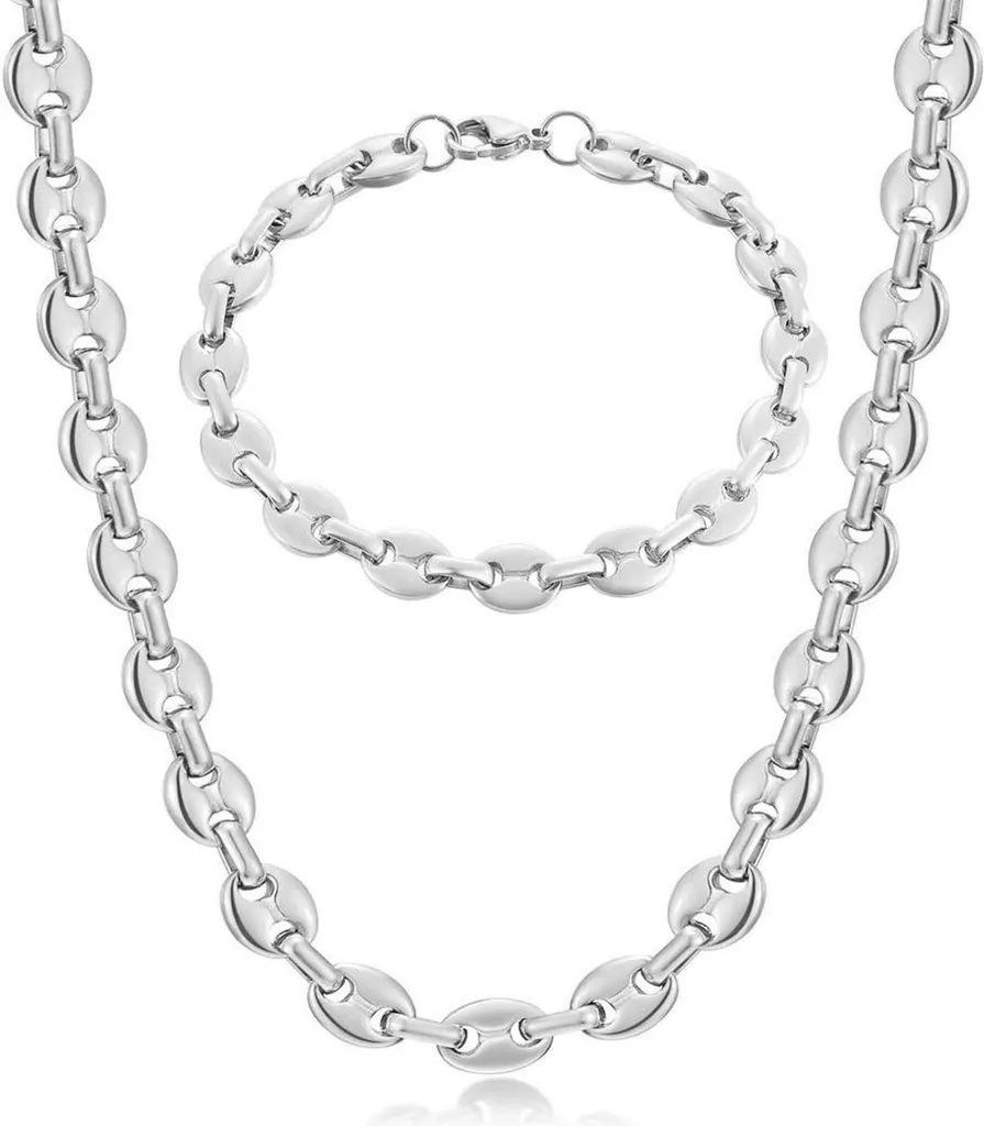 Collier Grains de Café 11mm AFSTALR en Acier Argenté pour Homme 56cm