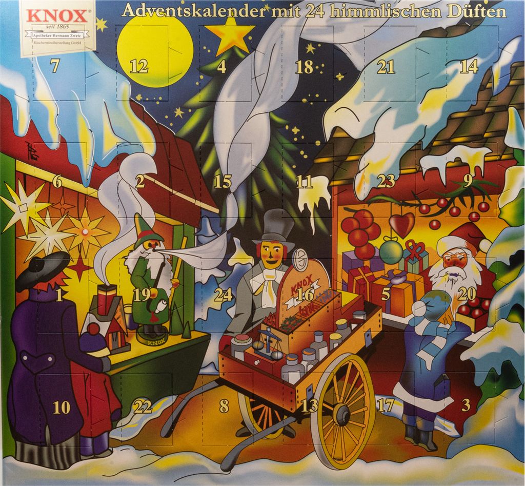 A festive Christmas market scene with Santa Claus, a gnome, and a vendor selling items from a cart, all set against a starry night sky and snow-covered buildings. The image is designed as an advent calendar with numbered doors.